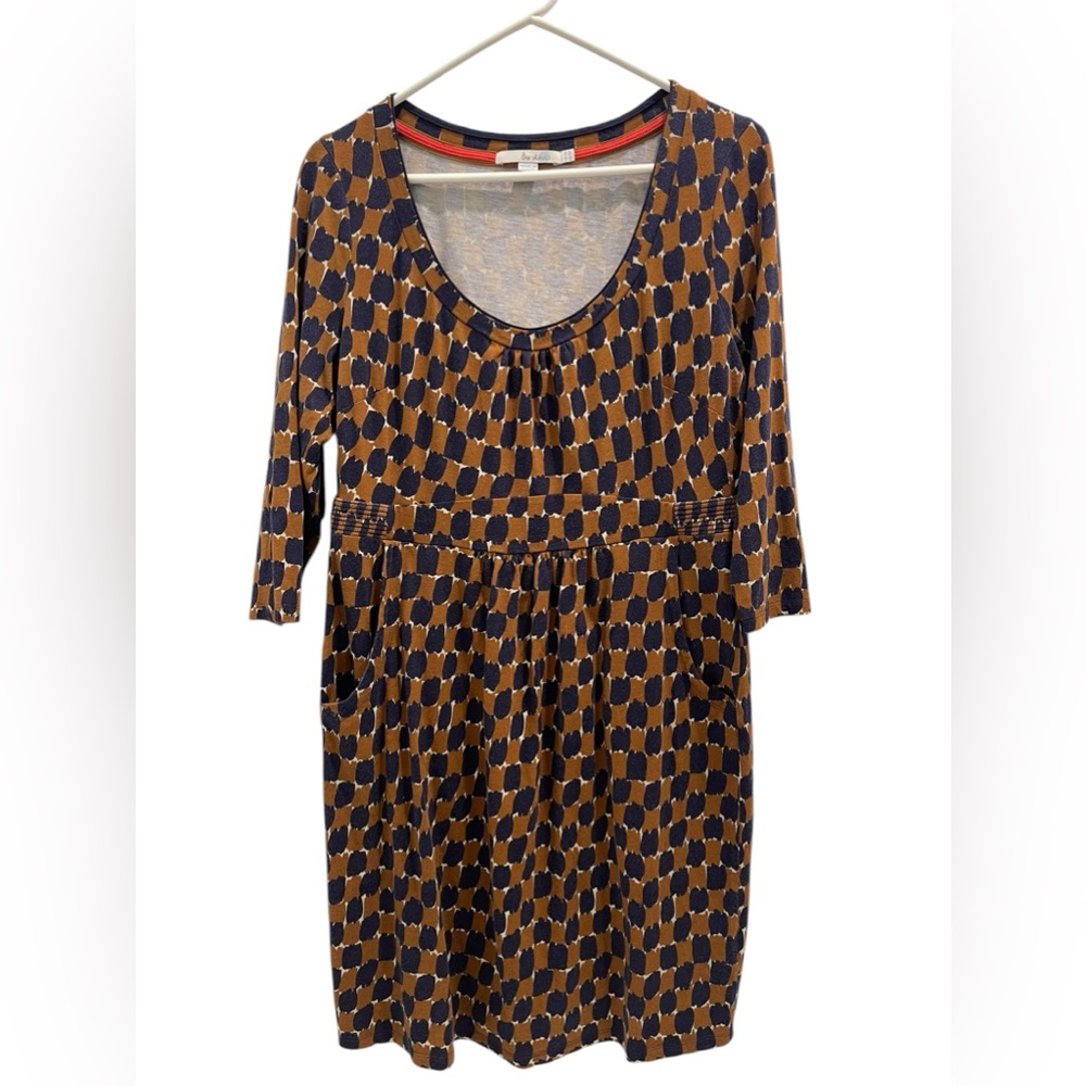 Boden Modal Brown Navy Geometric Print 3/4 Sleeve Dress Women's Size 10R